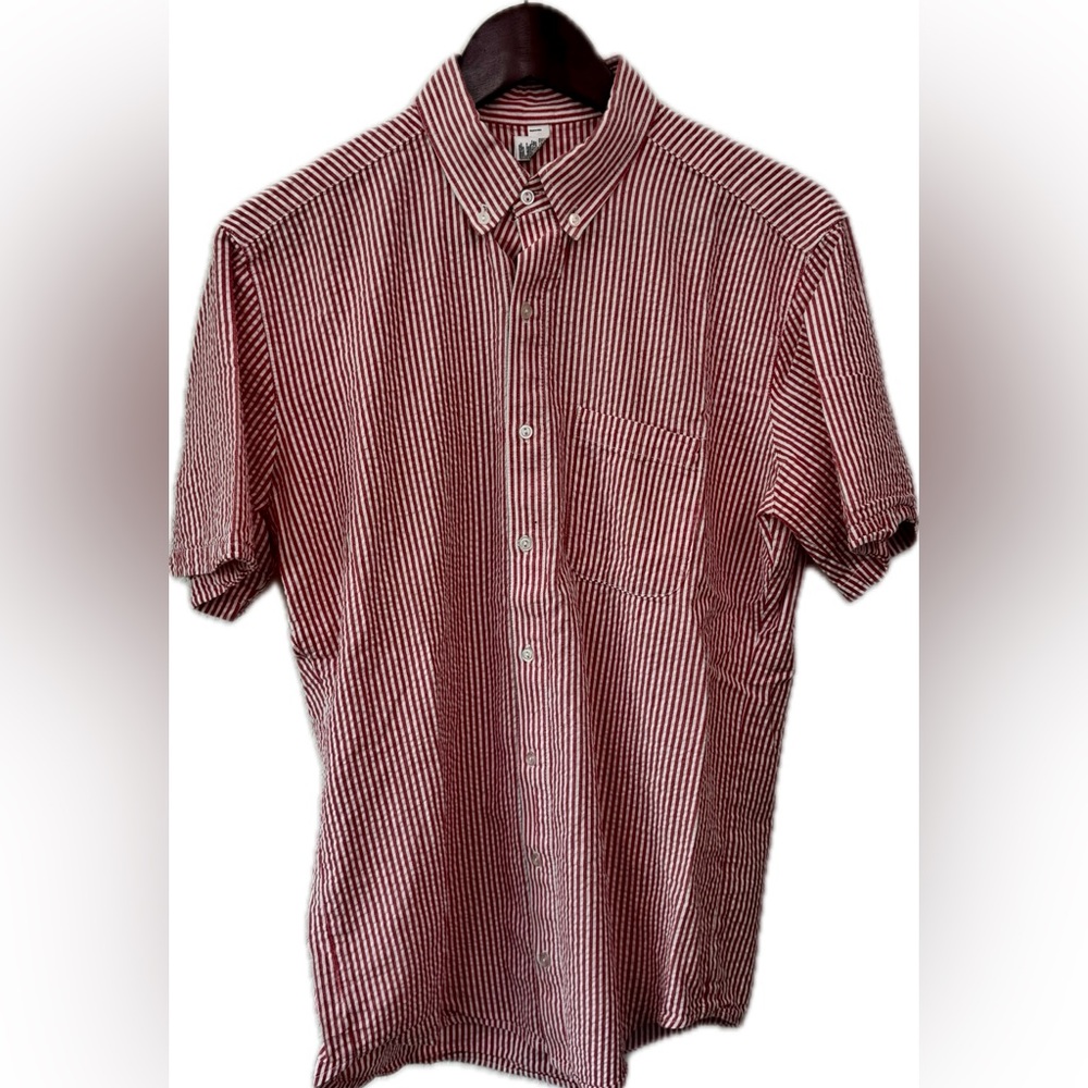 American Apparel Seersucker Stripped Button Down Red Mens